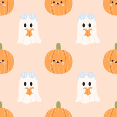 Halloween pumpkins and little ghost seamless pattern
