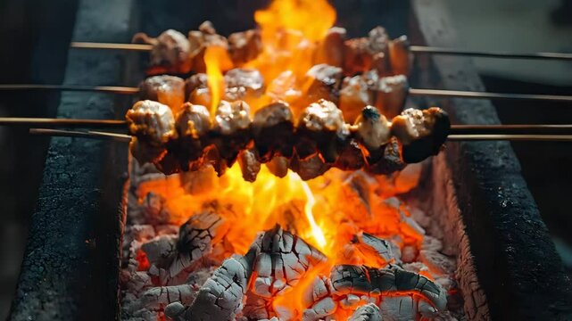Hot BBQ cooking scene with glowing coals, fire touching seasoned chicken and mutton skewers, smoky atmosphere