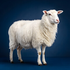 Fototapeta premium Full-body white Eid sheep with fluffy wool and dyed patterns, shown in side profile with festive decorations and a cheerful appearance.