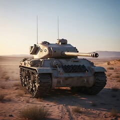Fototapeta premium Desert Sunset Tank: A Weathered Military Vehicle in Arid Landsca