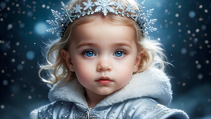Snow queen princess – Cute toddler girl in winter fantasy scene, with blurry snowflake background