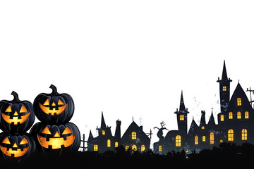 Spooky halloween scene with glowing jack o lanterns and haunted village silhouette