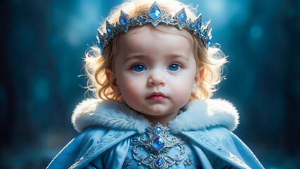 Snow queen princess – Cute toddler girl in winter fantasy scene, with abstract dreamy forest background