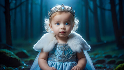 Snow queen princess – Cute toddler girl in winter fantasy scene, with dreamy forest background