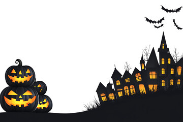 Spooky halloween scene with glowing jack o lanterns and haunted houses at night