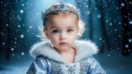 Snow queen princess – Cute toddler girl in winter fantasy scene, blurry snowflake in the background