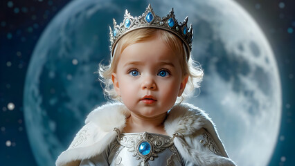 Snow queen princess – Cute toddler girl in winter fantasy scene, with giant moon in the background