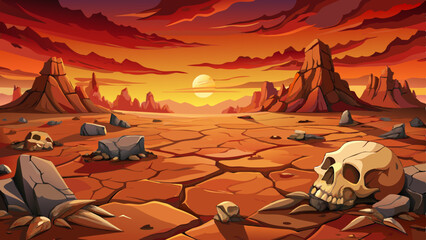 Cracked desert ground under harsh sunlight, featuring parched earth textures and scattered animal skulls, evoking a dramatic and desolate wilderness scene full of atmosphere.