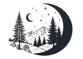 Crescent Moon Silhouette with Mountain and Pine Scene