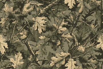 A seamless pattern of camouflage with oak leaves, showcasing the beauty and intricacy of nature.Forest real tree hunting camouflage seamless pattern design for military and hunting uniform. 