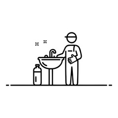 Person holding a bottle while standing near a sink during bathroom renovation in minimalistic style 