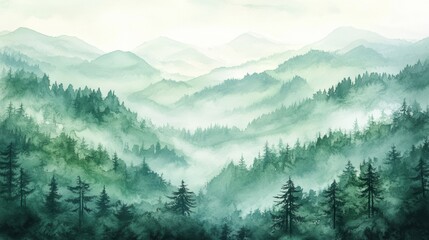 Watercolor of landscape forest misty mountains horizon and fog and hills,pine tree fir tree,Autumn forest background,drawn by hand,Autumn illustration design elements for landscape,wallpaper.