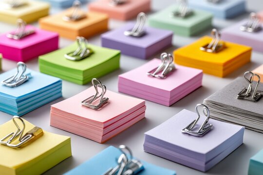 Colorful sticky notes with binder clips in a neat grid layout