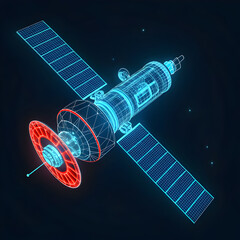 Futuristic glowing schematic of a satellite, drawn with neon lines and high-tech detailing, showcasing its components in a sleek and modern visual style.