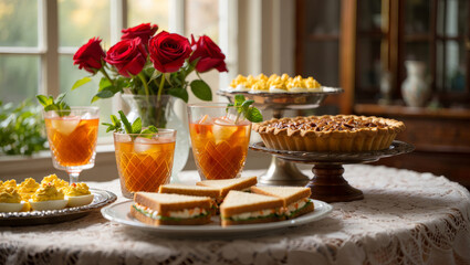 An inviting afternoon gathering showcases a charming table with sandwiches, refreshing drinks, and various desserts, accented by vibrant roses in a vase, creating a warm atmosphere.