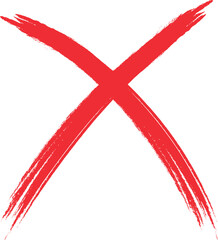 A bold, red "X" mark created with a brush stroke effect against a plain white background.