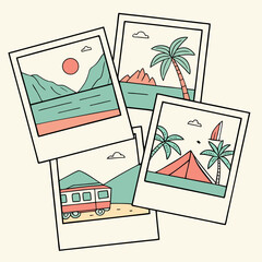 Collection of polaroid pictures showing vacation scenes with palm trees, mountains, sun, and a bus ride