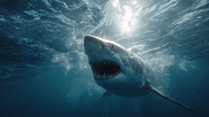 Obraz premium A great white shark emerging from deep blue waters