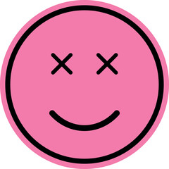 A simple, vibrant pink emoji face with crossed-out eyes, creating a whimsical and potentially ironic or humorous expression.