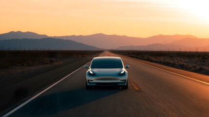 Obraz premium A minimalist electric car glides down an empty desert highway at sunset