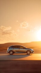 Performance hatchback in motion on desert road at golden hour