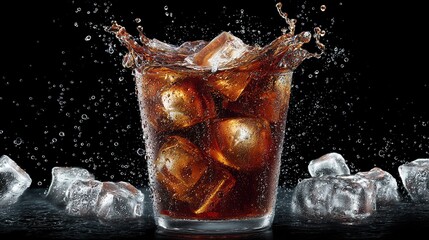 Refreshing splash of cola with ice cubes, perfect for summer drinks or beverage promotions. High quality