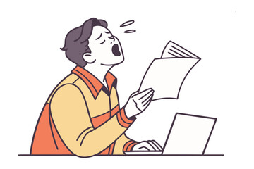 Exhausted Worker: A line art illustration depicts a stressed individual overwhelmed by work. He stares at paperwork while working on a laptop.