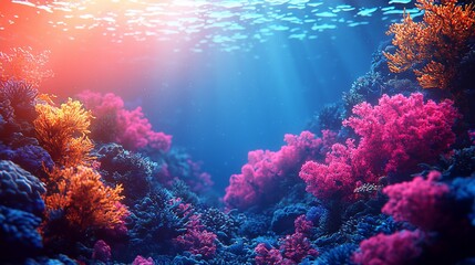 Fototapeta premium Vibrant coral reef underwater scene, sunlight beams through water (1)