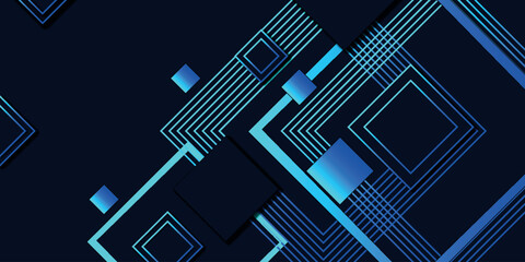 Abstract glowing square blue lines on dark background. Geometric square and lines background.