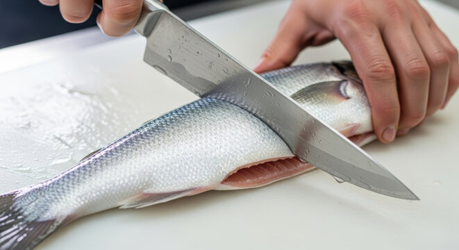 Chef precisely fillets fresh whole fish on cutting board with sharp knife close up of hands preparing seafood for cooking, focusing on clean slicing technique and fresh catch preparation in kitchen - Powered by Adobe