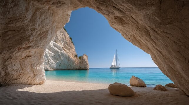Beautiful Coastal Cave with Sailboat
