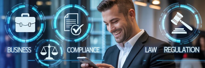 Businessman looking at a phone with business law and compliance information displayed.