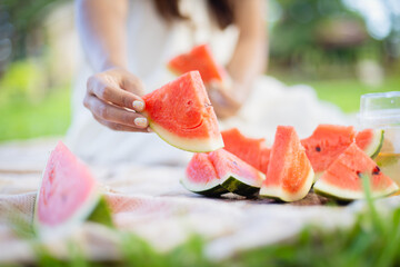 Family enjoys leisure picnic outdoors with people sharing fresh watermelon slices in relaxed...