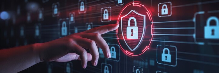 A hand points to a security shield icon on a digital interface.