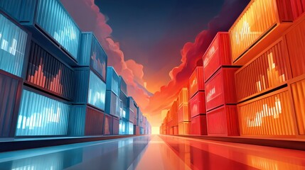 Fototapeta premium Stacked shipping containers reflecting economic data under a vibrant sunset sky