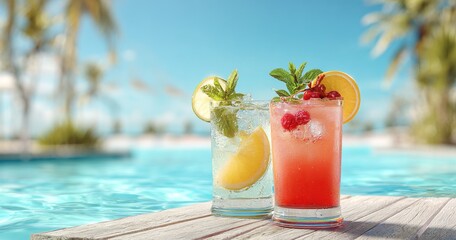 Two refreshing cocktails poolside with a tropical beach backdrop. Perfect for travel, leisure, or summer promotions. High quality