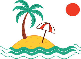 A charming cartoon illustration of a tropical island with a palm tree and beach umbrella surrounded by stylized waves and a bright sun isolated on transparent background