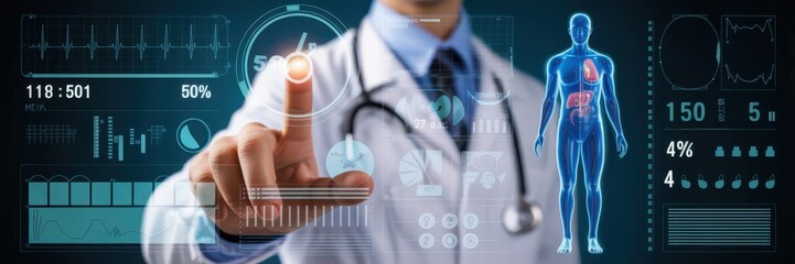 Medical professional interacting with a holographic display of human anatomy.