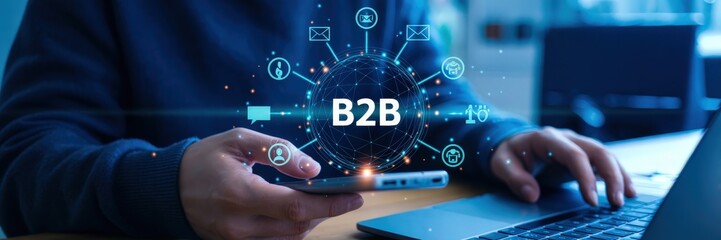 Person using a smart phone and laptop with a b2b business concept displayed.