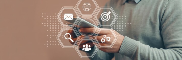 Person using a smartphone with digital interface overlays.