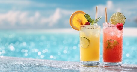Two refreshing cocktails poolside with a tropical beach backdrop. Perfect for travel, leisure, or summer promotions. High quality