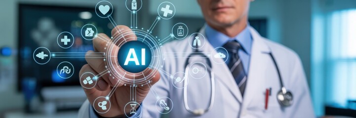 Medical professional interacts with artificial intelligence interface.