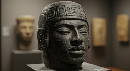 Ancient Olmec Stone Head Museum Artifact Sculpture