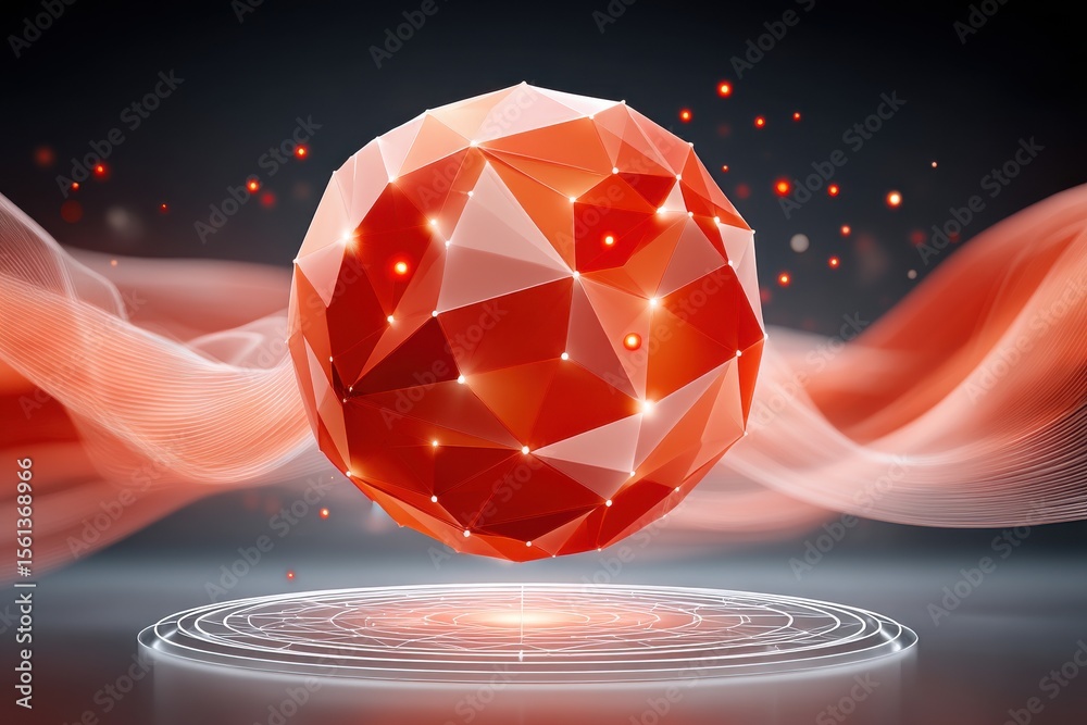 Poster abstract geometric sphere with dynamic red tones and digital network visualization
