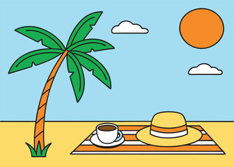 Stylized cartoon illustration of a tropical beach scene with a palm tree sun clouds a straw hat and a cup of coffee on a striped towel isolated 
