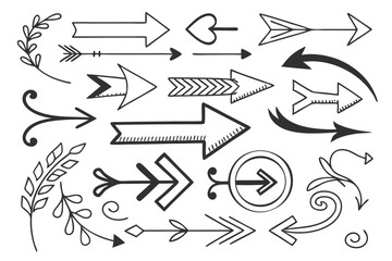 Fototapeta premium Vector Collection of Hand-Drawn Arrows Featuring Curved and Swirled Black Sketch Icons for UI Navigation Projects, Infographic Layouts, and Presentation Graphics.