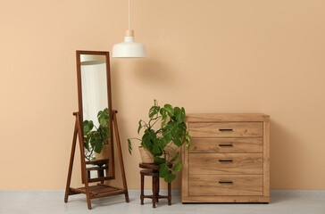 Hanging lamp, chest of drawers, houseplant and mirror near beige wall in room