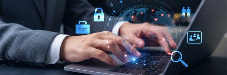 Hands typing on a laptop with digital security and data icons overlaying the keyboard.
