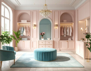 Pastel Dream Luxury Boutique Closet Design with Velvet Podium