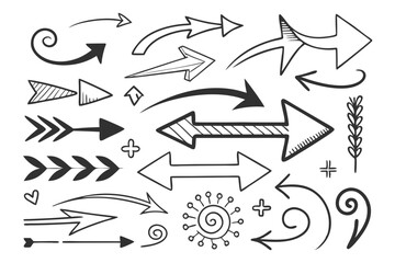 Vector Collection of Hand-Drawn Arrows in Sketch Style Featuring Circular and Swirled Black Icons for UI Navigation Templates, Infographic Layouts, and Presentation Designs.


